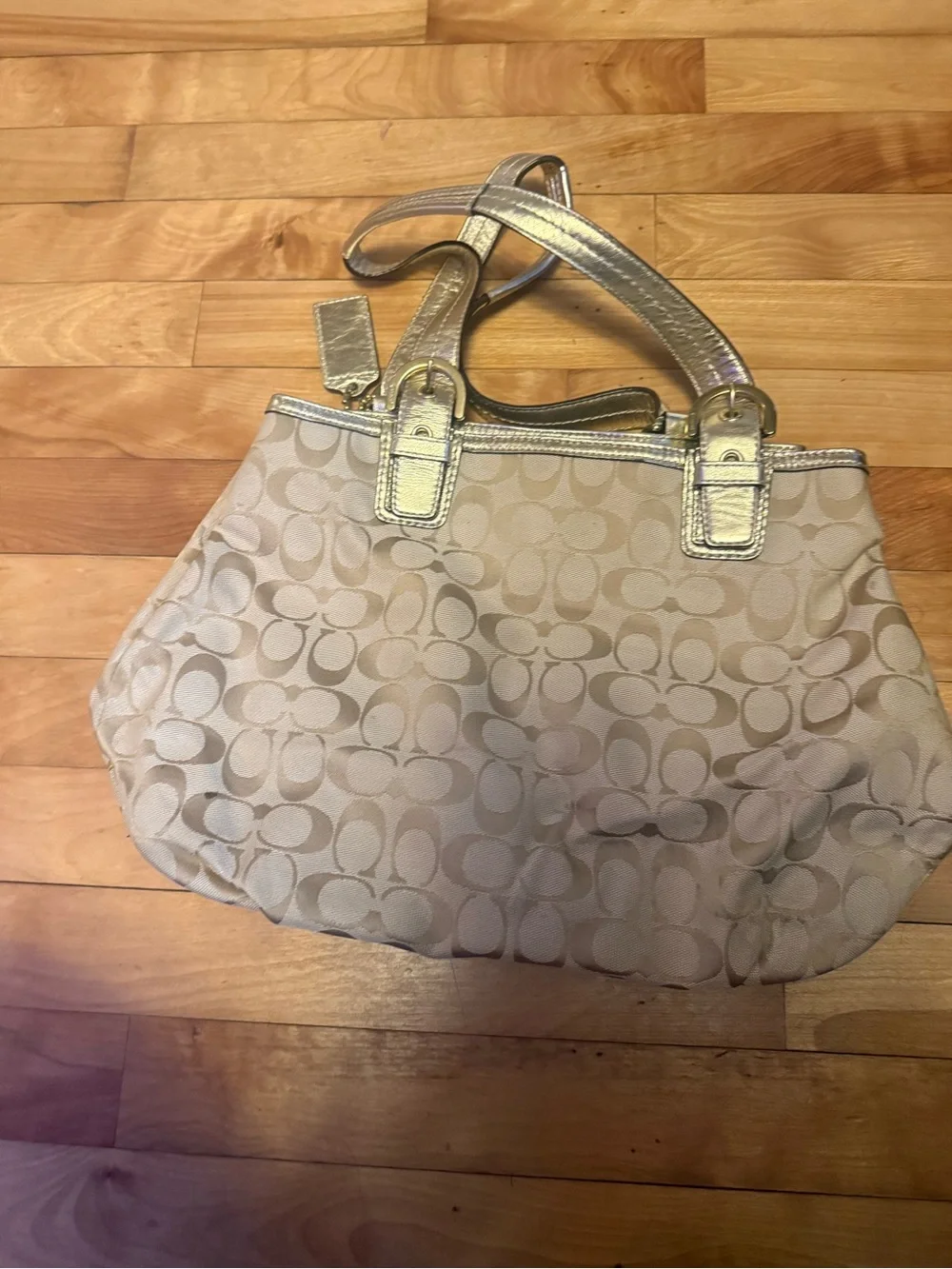 Coach Beige Signature Shoulder Tote with Metallic Gold Trim